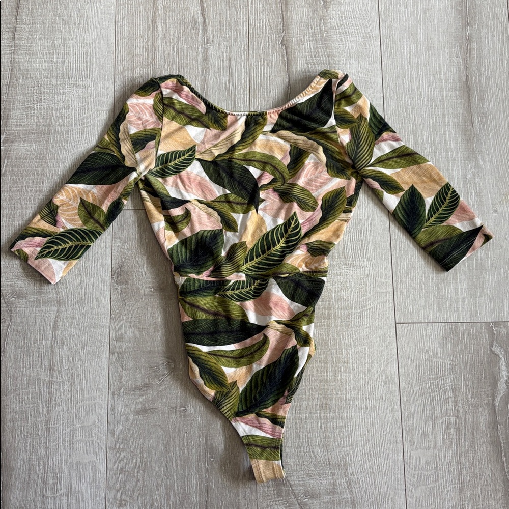 FARM Rio Green Palm Leaf Print Bodysuit with Pink & Beige Accents